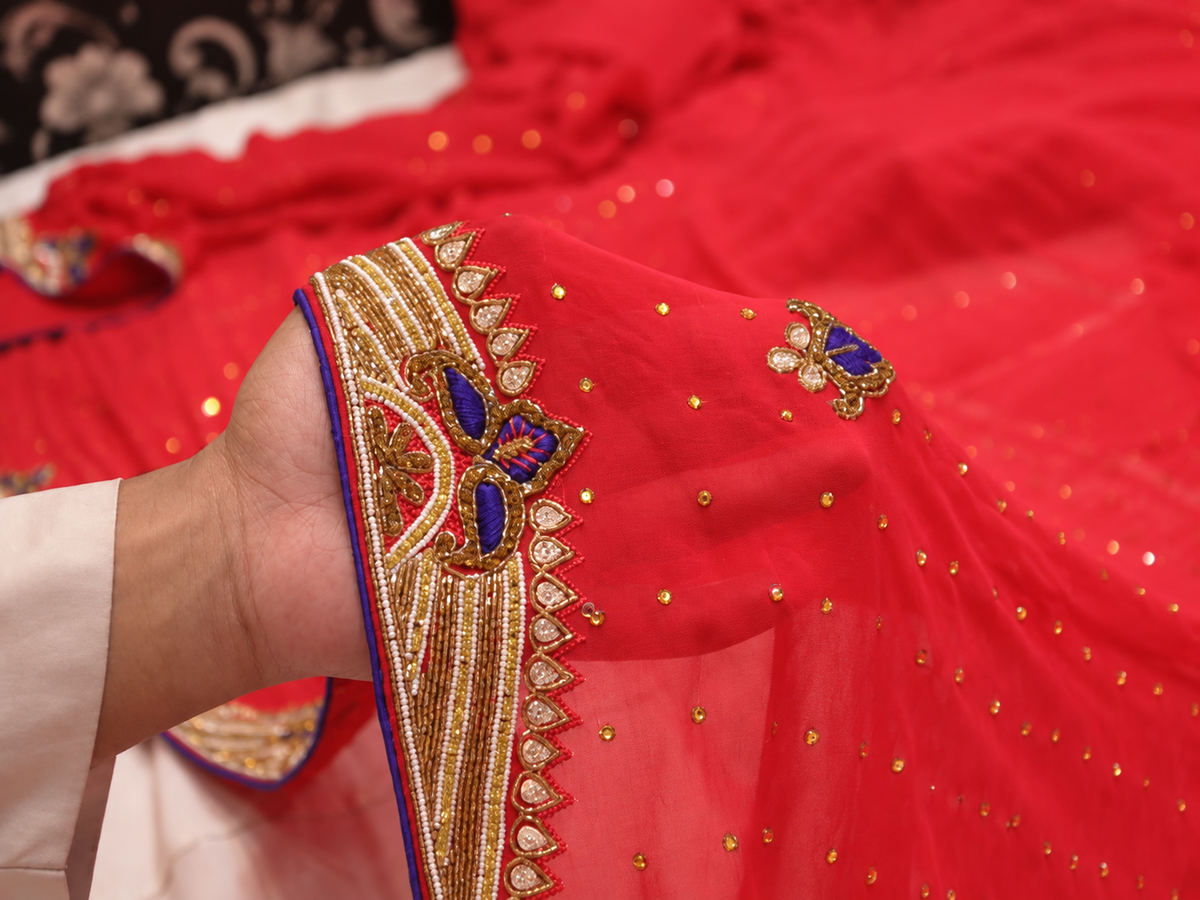 “The Bright Red" Premium Designer Saree