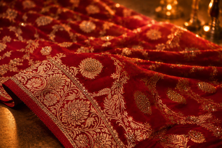 "The Maharani Crimson" Banarasi Chiffon Saree