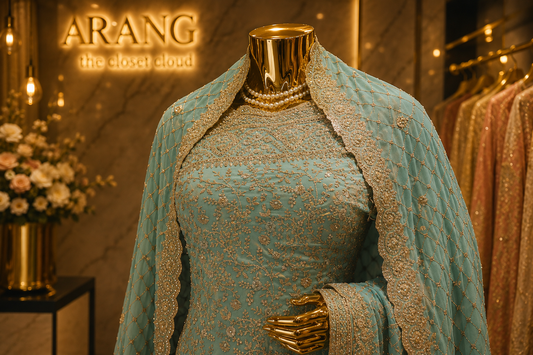 "The Pastel Aquamarine" Bridal Saree with Veil