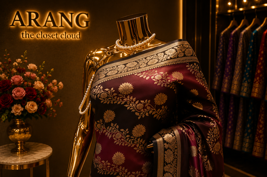 "The Deep Magenta & Coffee Brown" Premium Dual Tone Pure Banarasi Malai Silk Saree