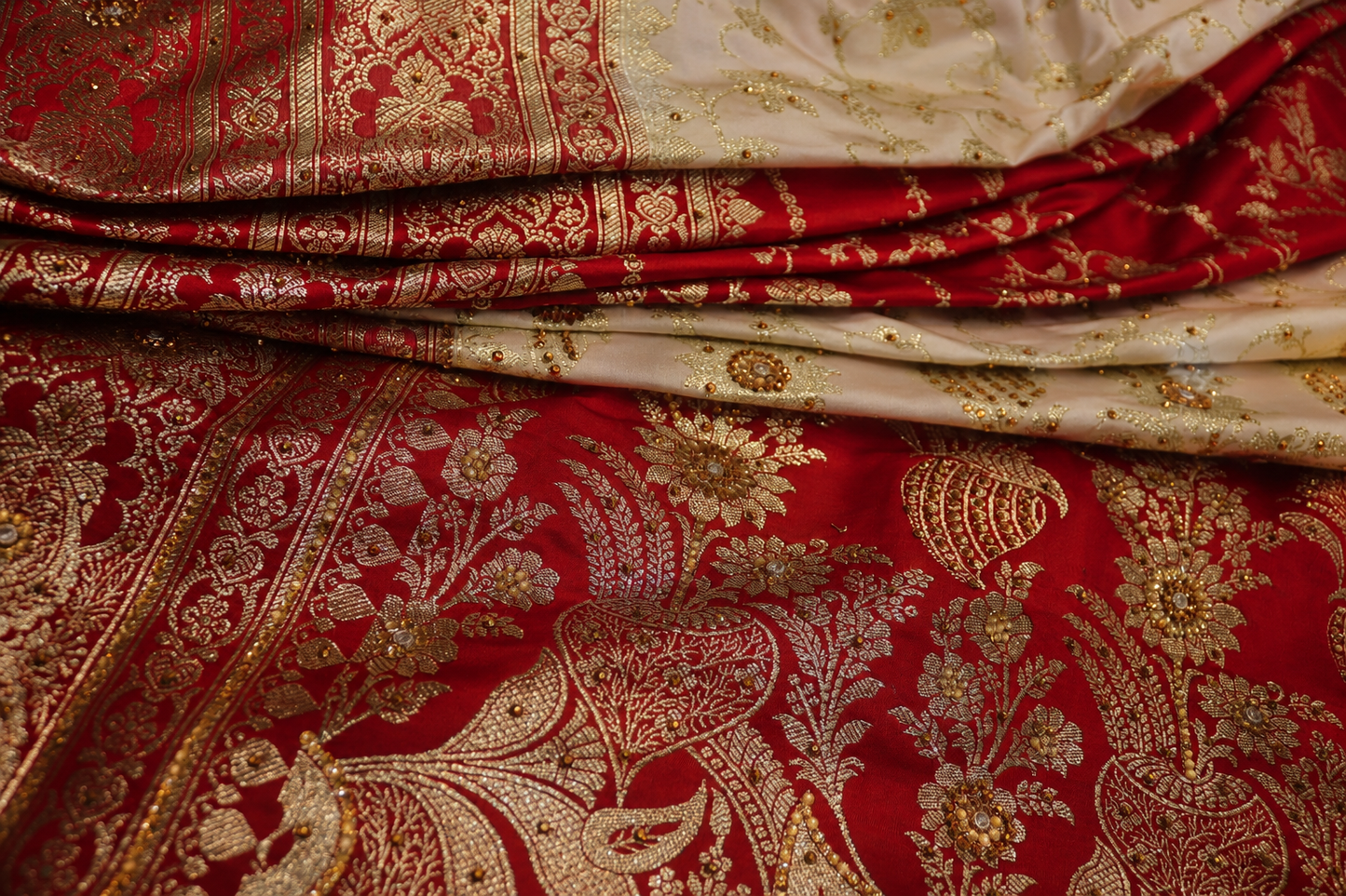 "The Pure Ivory & Crimson Red" Banarasi Silk Saree with Bridal Veil