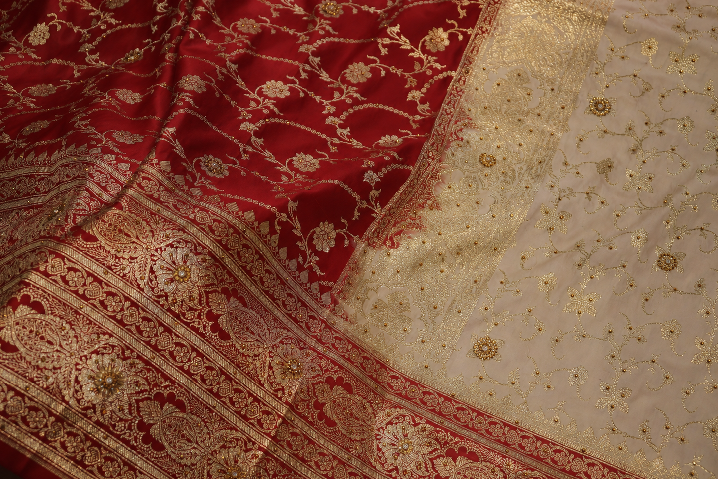 "The Pure Ivory & Crimson Red" Banarasi Silk Saree