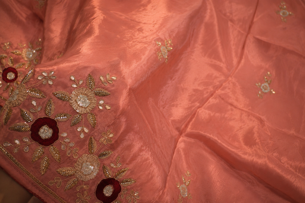 The Exquisite Coral Pink” Premium Designer Saree
