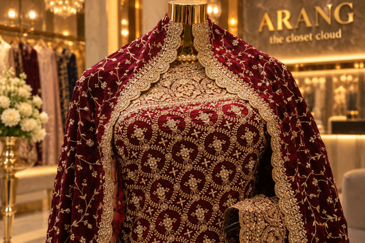 "The Royal Maroon Velvet" Premium Bridal Saree With Veil