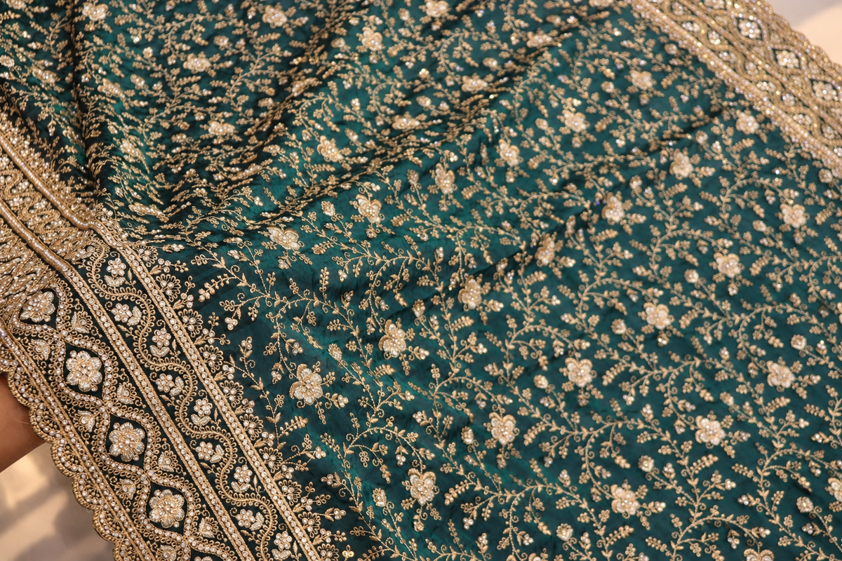 "The Luxury Emerald Green" Premium Designer Saree With Veil
