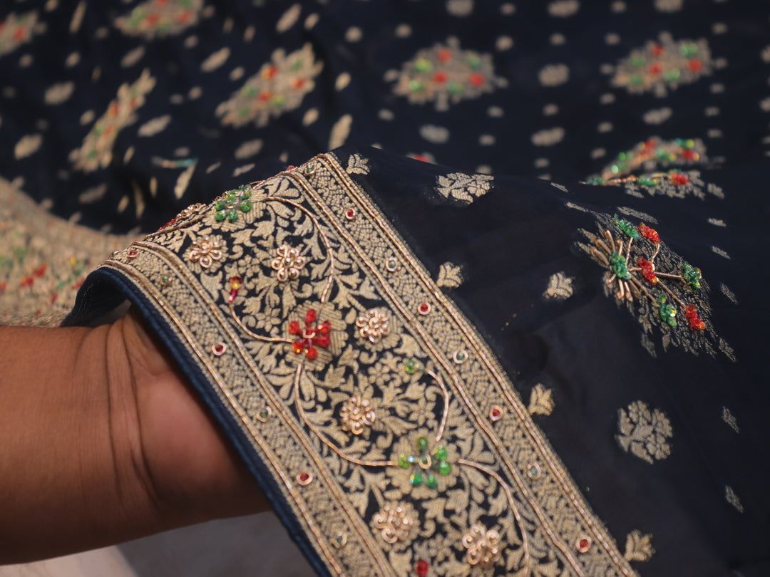 “The Midnight Blue” Premium Banarasi Chiffon Saree