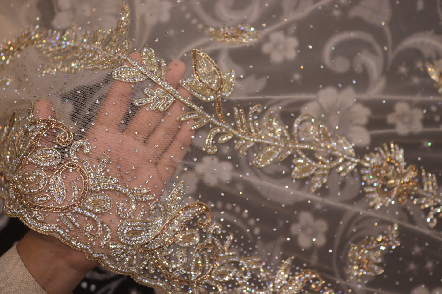 "The Champagne Gold" Designer Net Saree with Heavy Zardozi