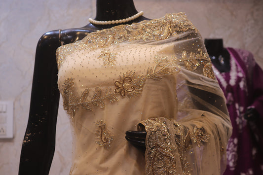"The Champagne Gold" Designer Net Saree with Heavy Zardozi