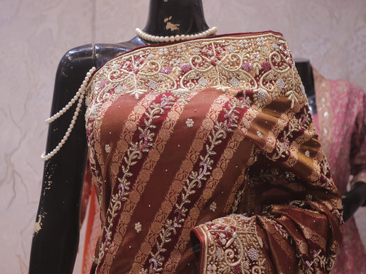 “The Bridal Maroon” Premium Banarasi Chiffon Saree