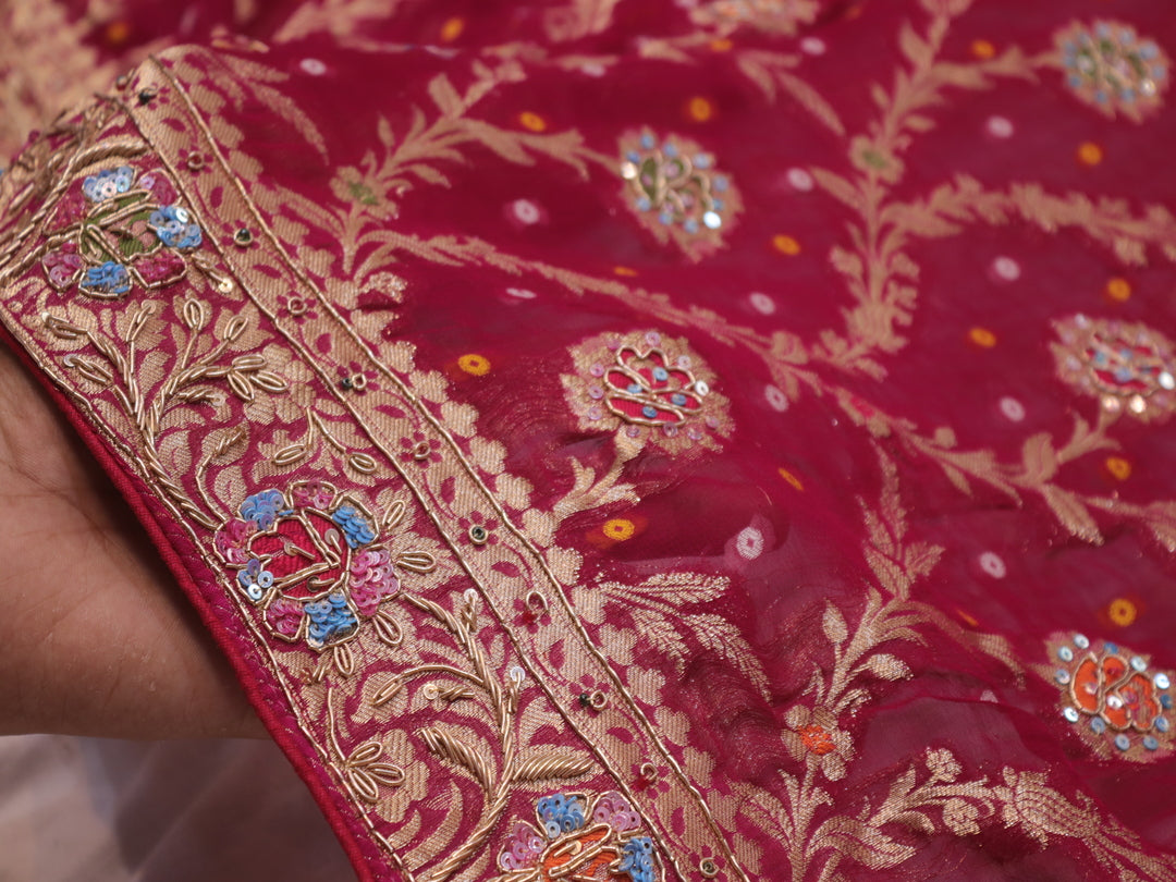 “The Deep Magenta” Premium Antique Hand-Crafted Banarasi Bandani Chiffon Saree