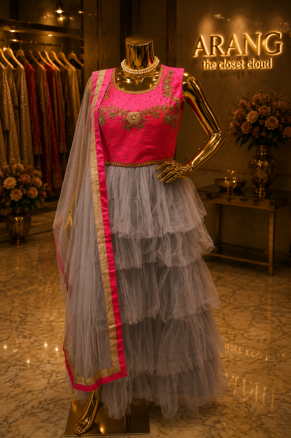 The Premium Designer Pink & Gray Tiered Tulle Ethnic Gown Style Ready To Wear Dress