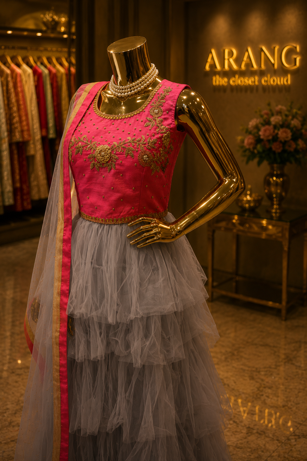 The Premium Designer Pink & Gray Tiered Tulle Ethnic Gown Style Ready To Wear Dress