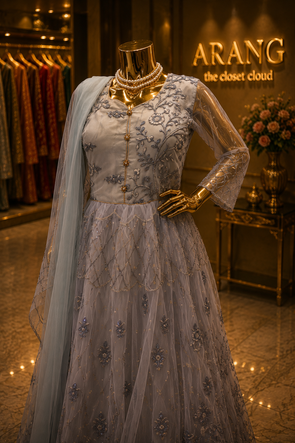 A formal Anarkali gown displayed on a mannequin in a boutique setting. The dress is a dusty lavender-gray color with intricate silver-blue floral embroidery, a gold buttoned neckline, sheer long sleeves, and a matching sheer dupatta draped over one shoulder.