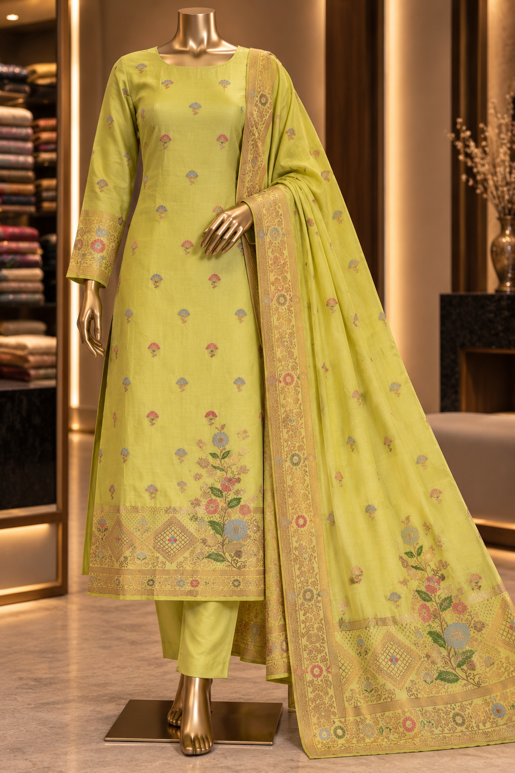 The Premium Designer Banarasi Silk Mina Kari Dress Material Suit