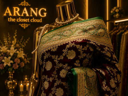 “The Deep Maroon & Emerald Green" Premium Banarasi Silk Saree