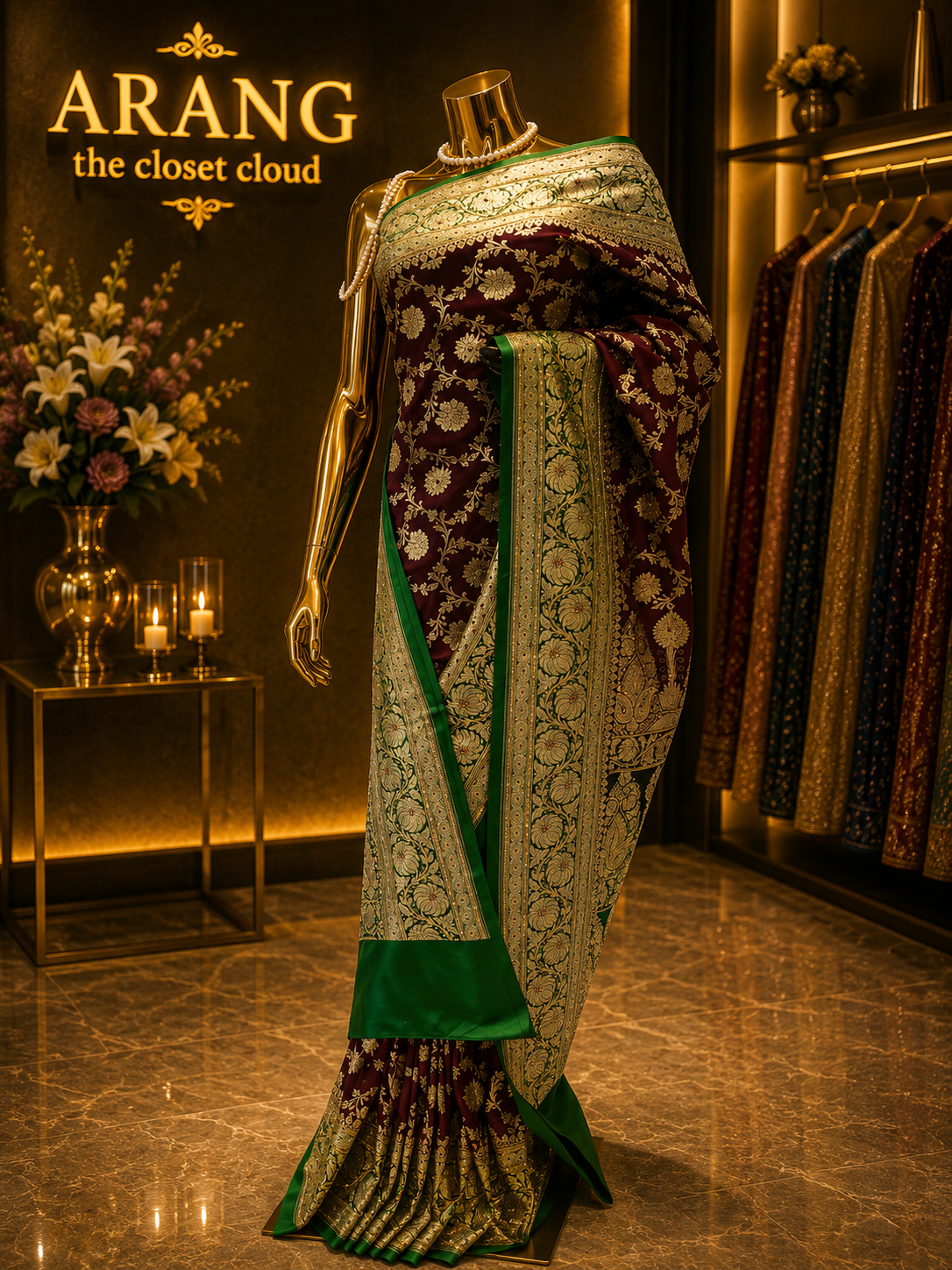 “The Deep Maroon & Emerald Green" Premium Banarasi Silk Saree