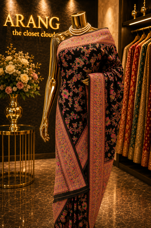 “The Elegant Black” Premium Kashmiri Pashmina Silk Saree