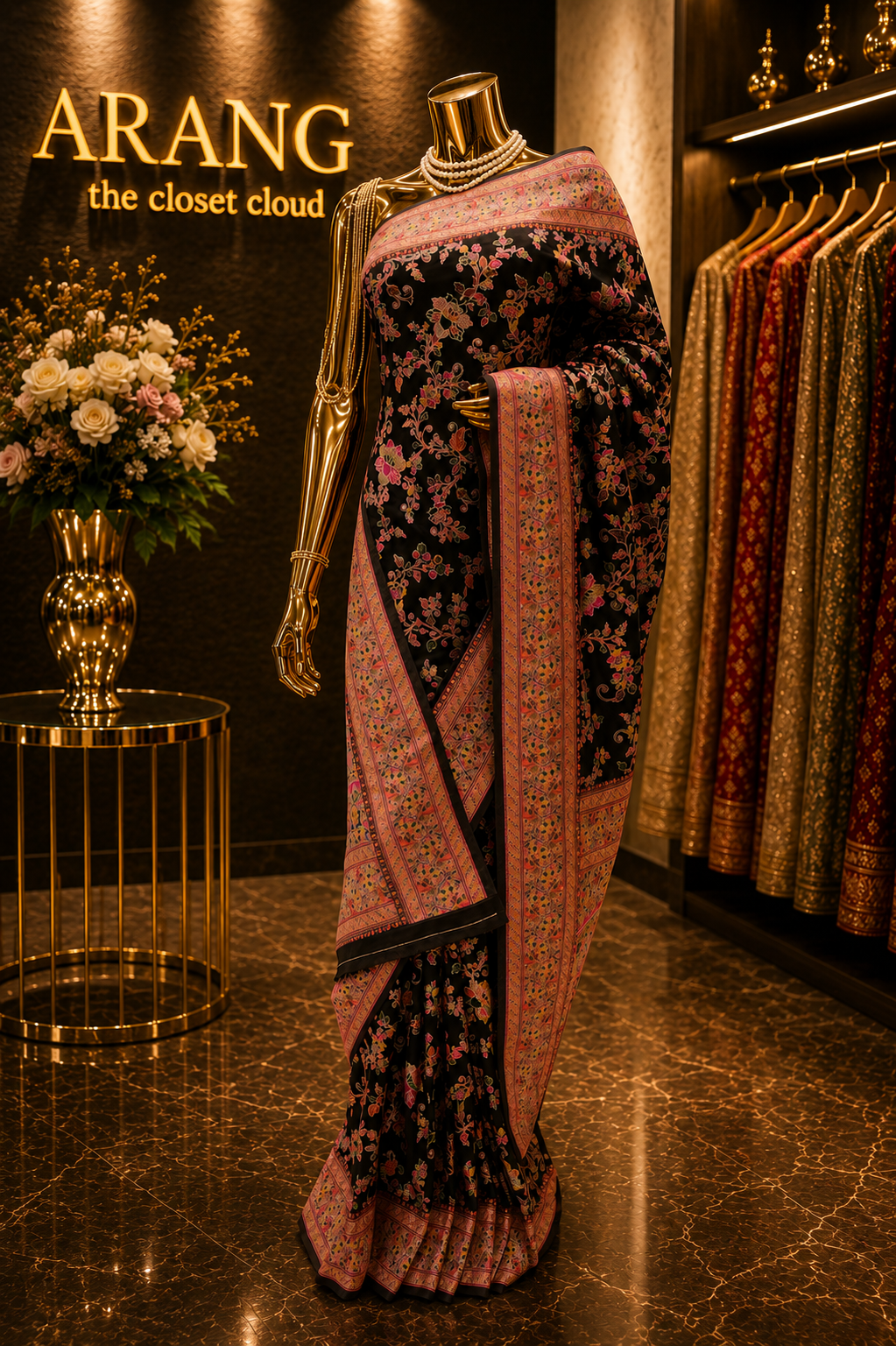 “The Elegant Black” Premium Kashmiri Pashmina Silk Saree