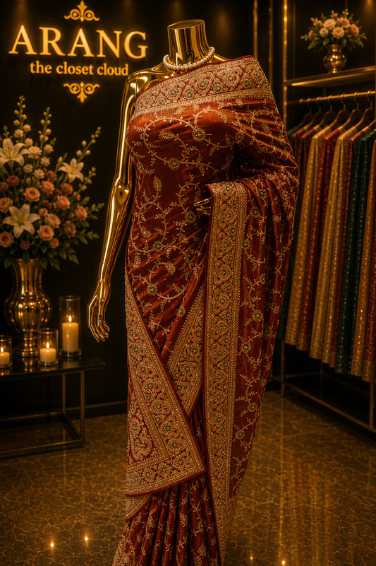 "The Royal Rust Crimson" Premium Zardozi Designer Saree