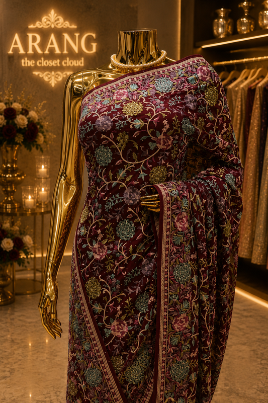 "The Luxury Wine" Premium Kashmiri Parsi Gara Saree