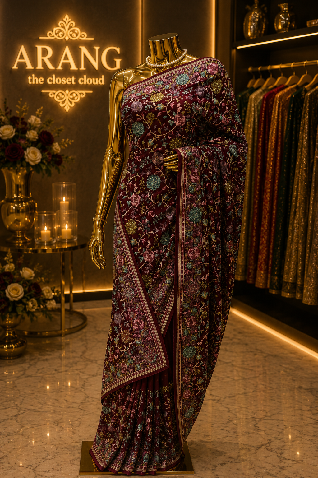 "The Luxury Wine" Premium Kashmiri Parsi Gara Saree