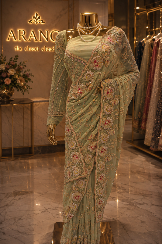 "The Pistachio Green" Premium Designer Saree