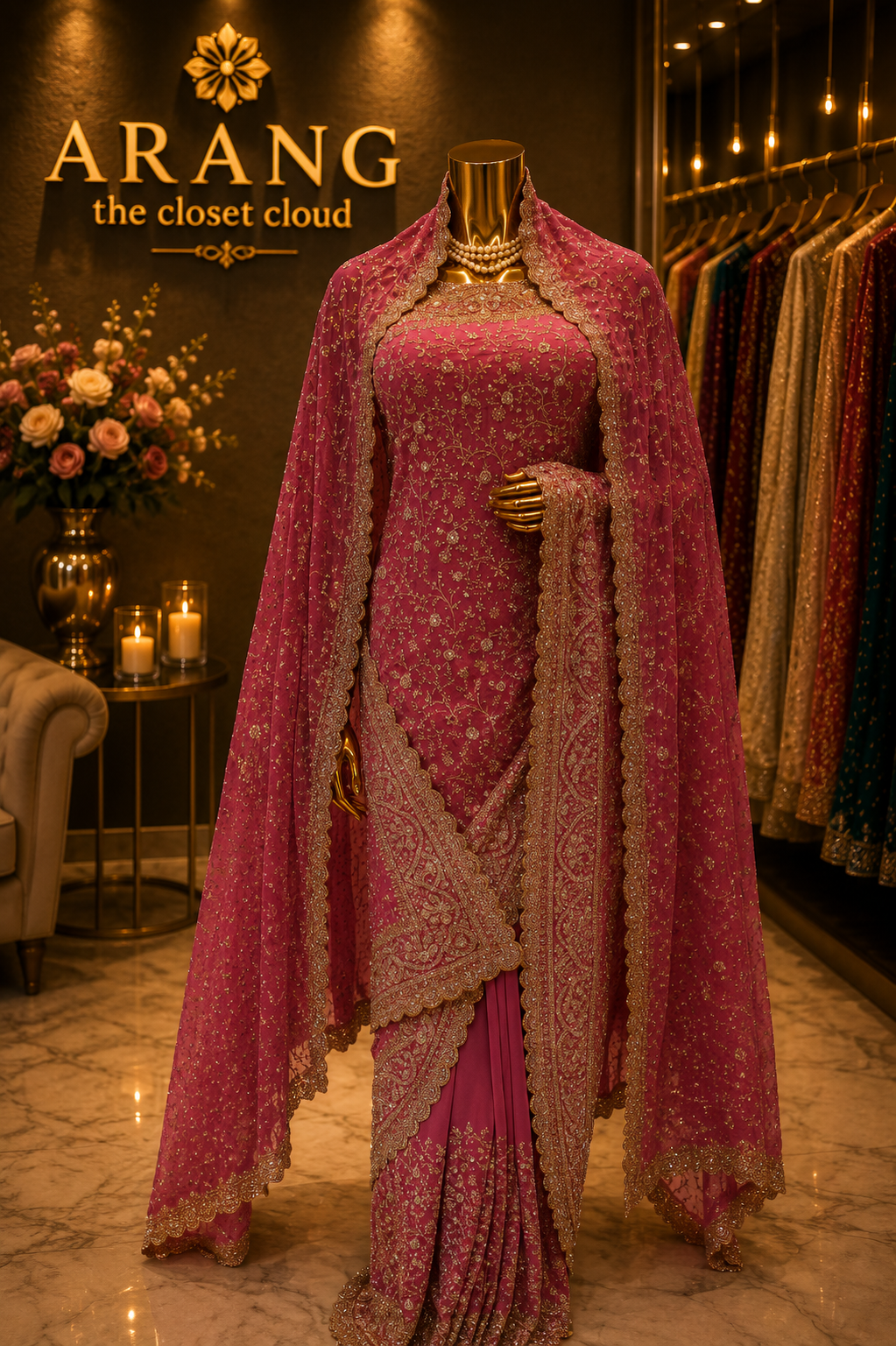 "The Deep Rose Pink" Premium Designer Saree with Veil