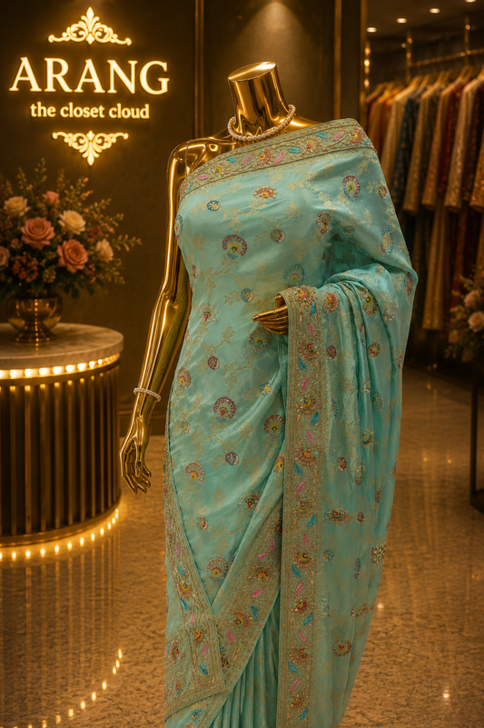 "The Aqua Sage" Premium Antique Hand-Crafted Banarasi Silk Saree