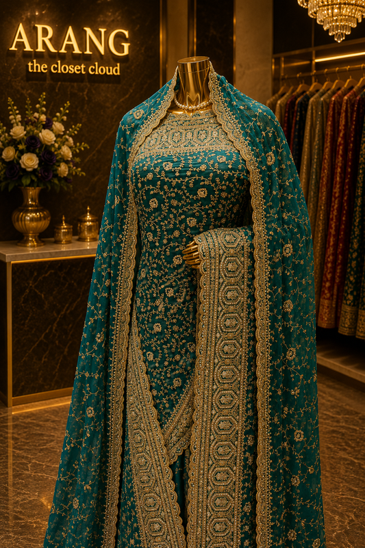 "The Persian Green" Premium Designer Saree with Veil