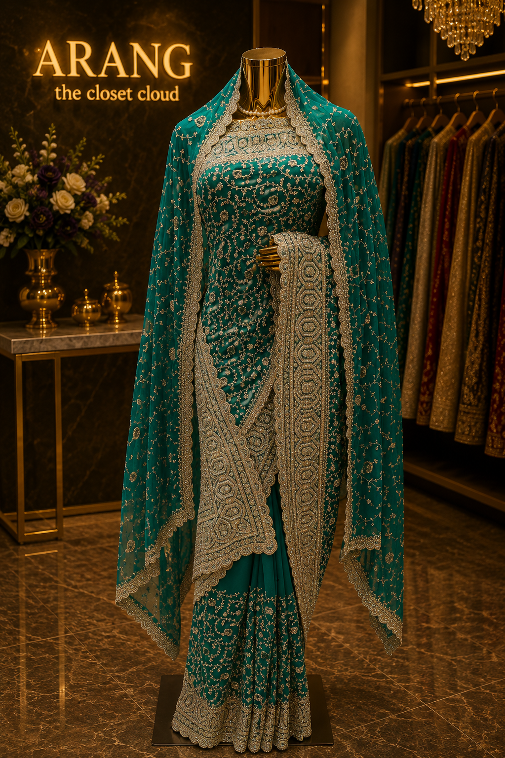 "The Persian Green" Premium Designer Saree with Veil