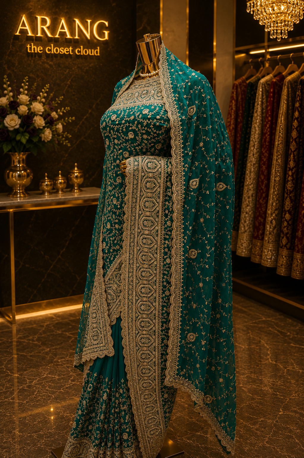 "The Persian Green" Premium Designer Saree with Veil