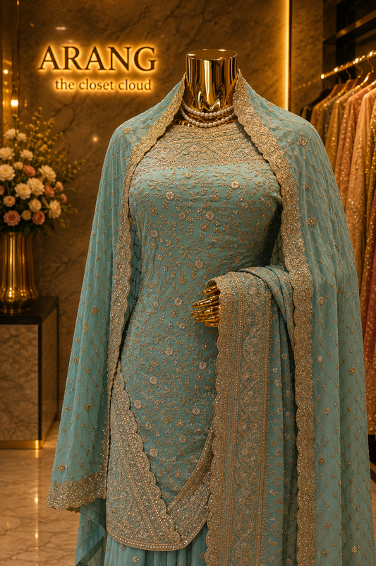 "The Pastel Aquamarine" Bridal Saree with Veil
