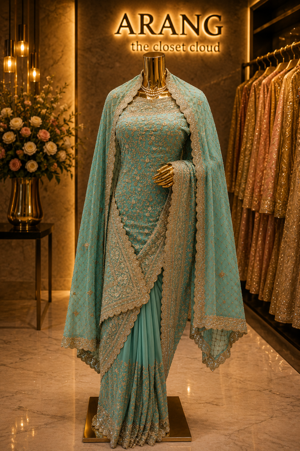 "The Pastel Aquamarine" Bridal Saree with Veil