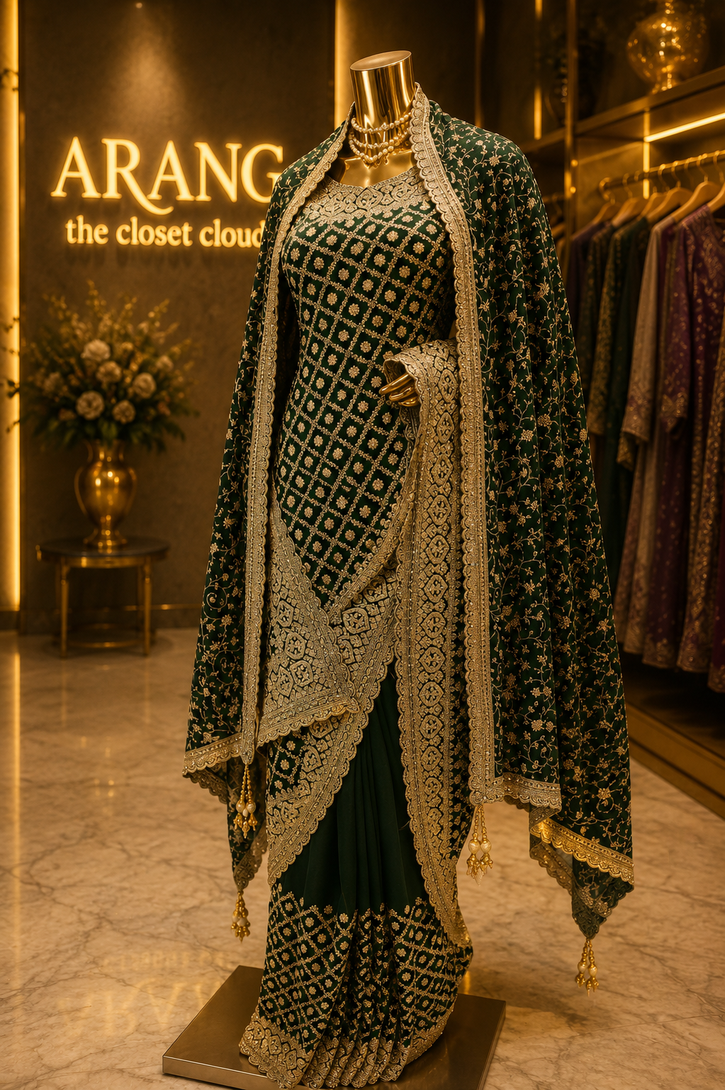 “The Regal Emerald Green” Premium Designer Saree with Veil