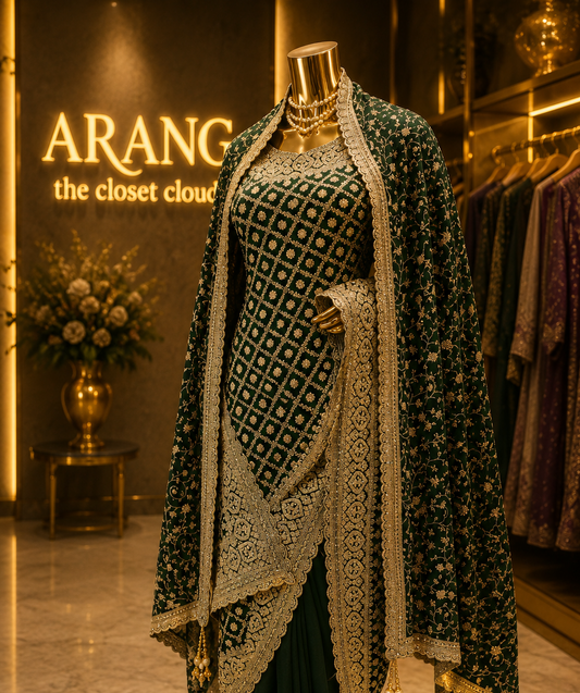 “The Regal Emerald Green” Premium Designer Saree with Veil