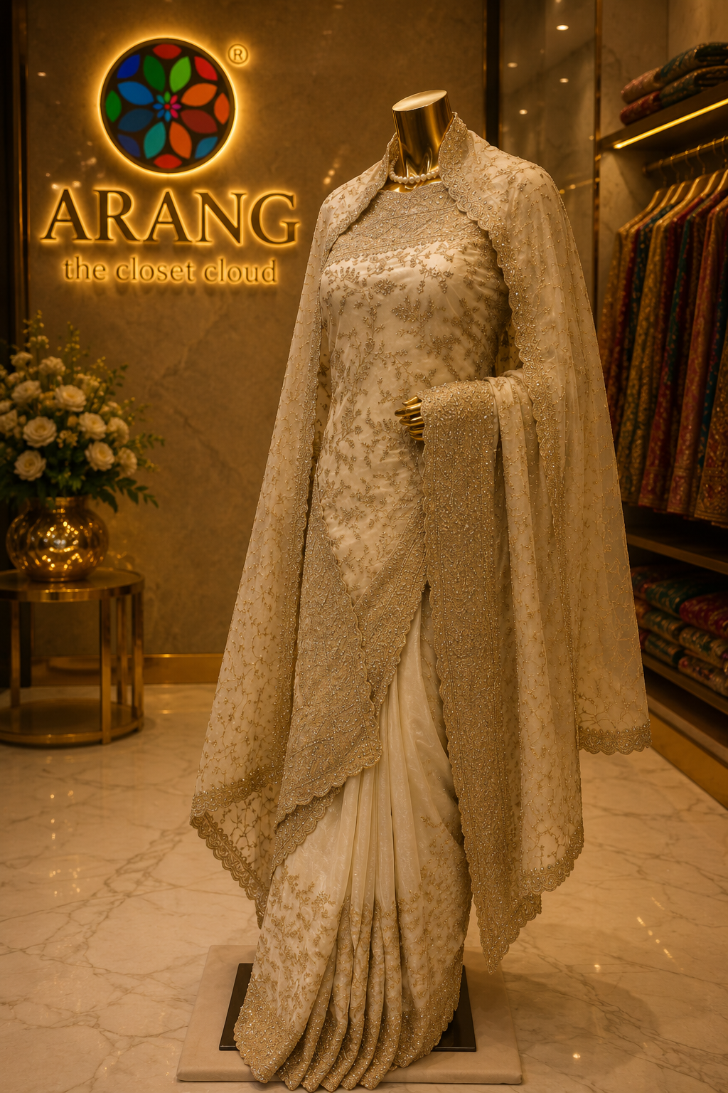 “The Delicate Off-White” Premium Designer Saree with Veil