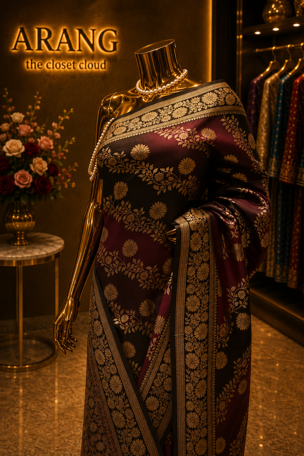 "The Deep Magenta & Coffee Brown" Premium Dual Tone Pure Banarasi Malai Silk Saree