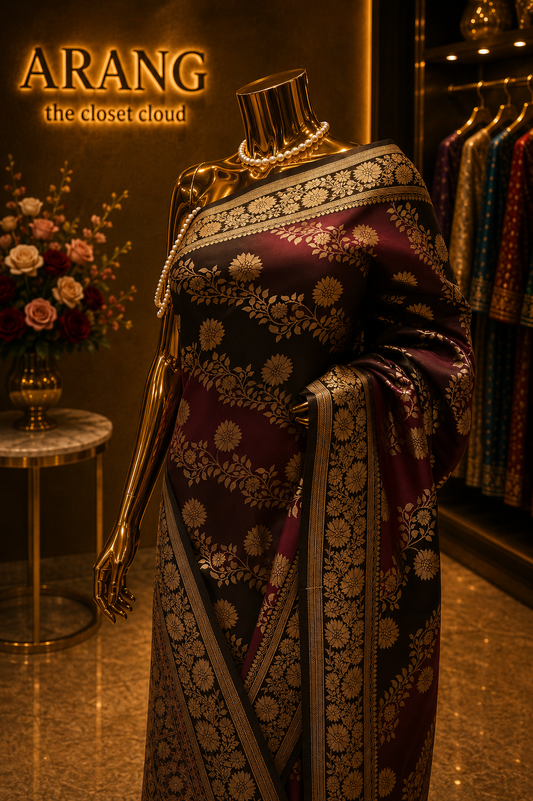 "The Deep Magenta & Coffee Brown" Premium Dual Tone Pure Banarasi Malai Silk Saree