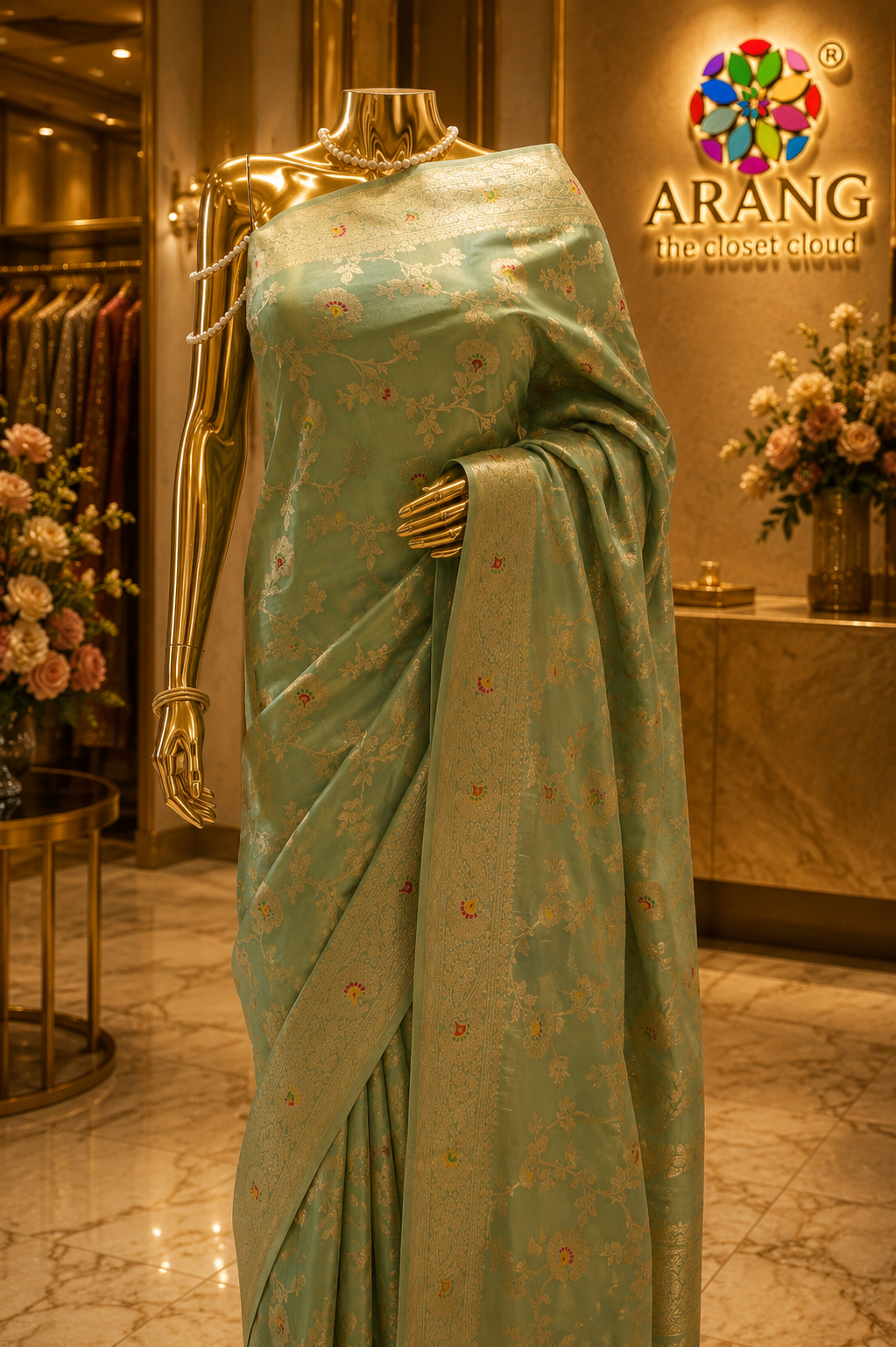 "The Pistachio Green" Premium Crystal Banarasi Silk Saree