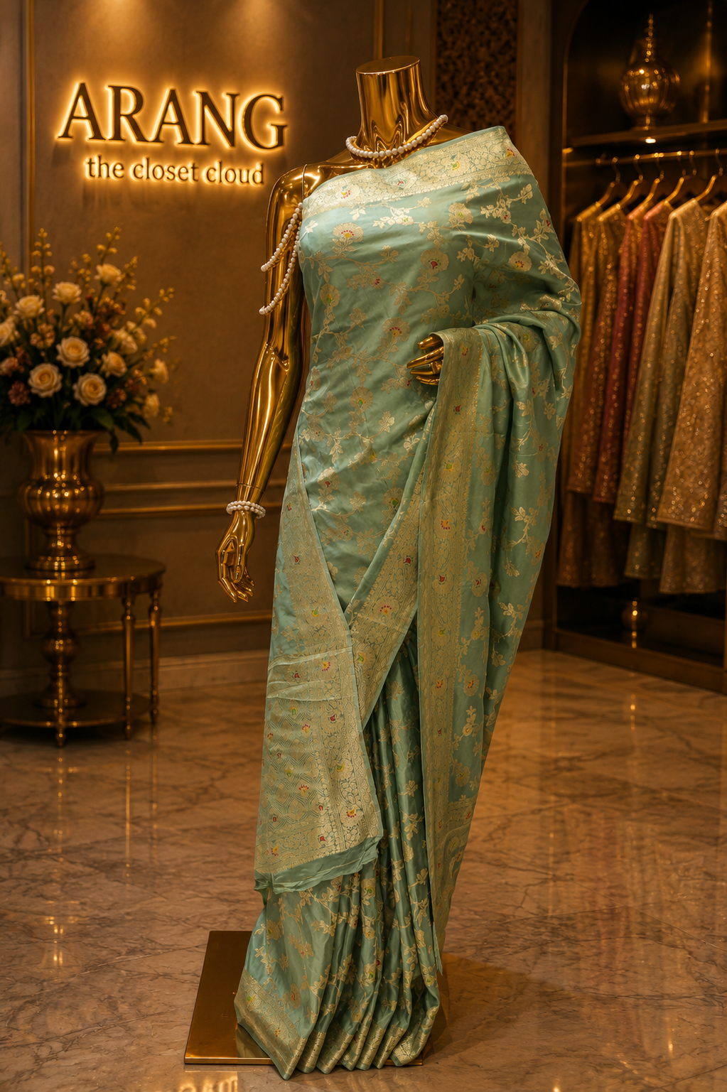 "The Pistachio Green" Premium Crystal Banarasi Silk Saree