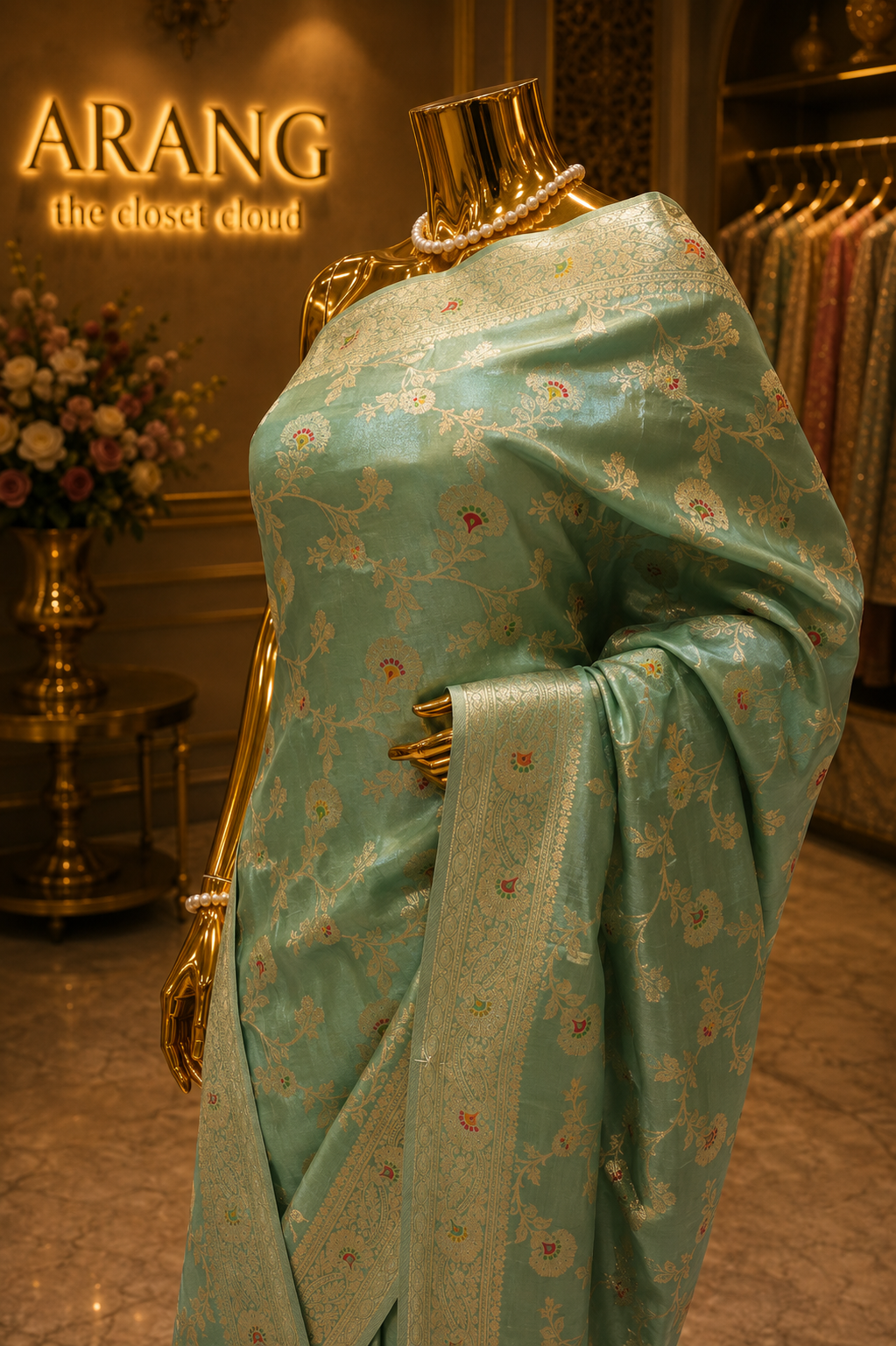 "The Pistachio Green" Premium Crystal Banarasi Silk Saree