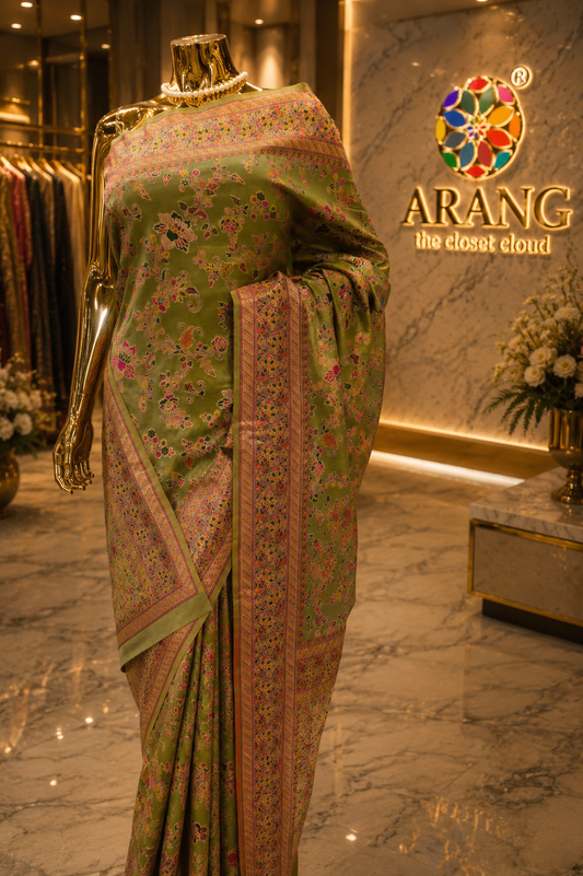 “The Royal Olive Green” Premium Kashmiri Pashmina Silk Saree