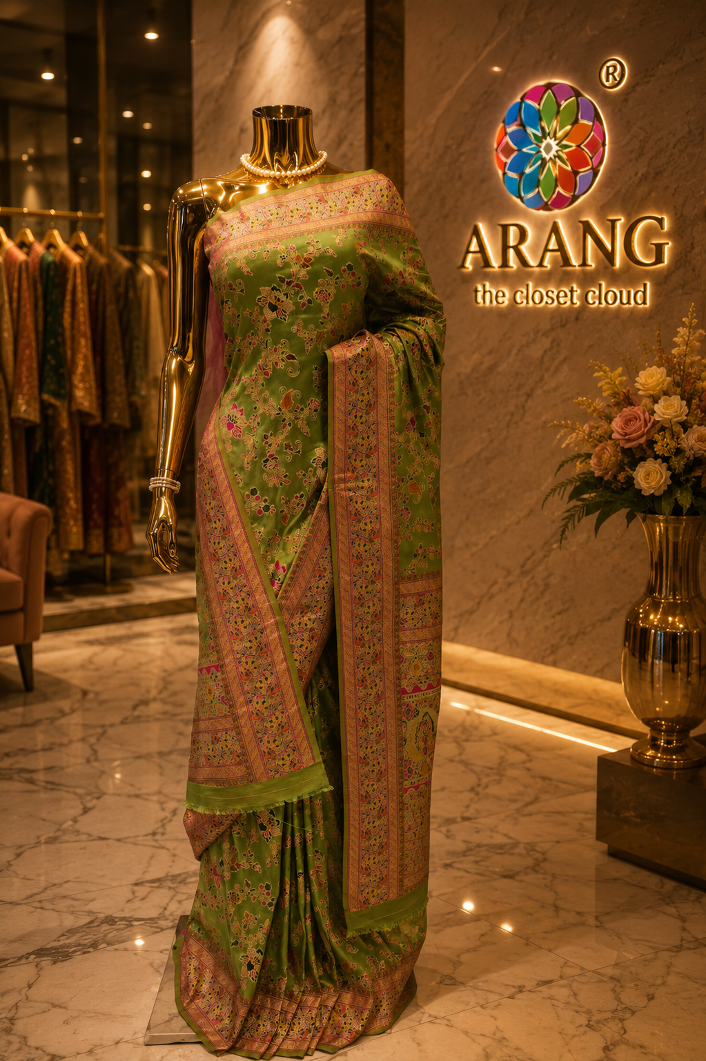 “The Royal Olive Green” Premium Kashmiri Pashmina Silk Saree