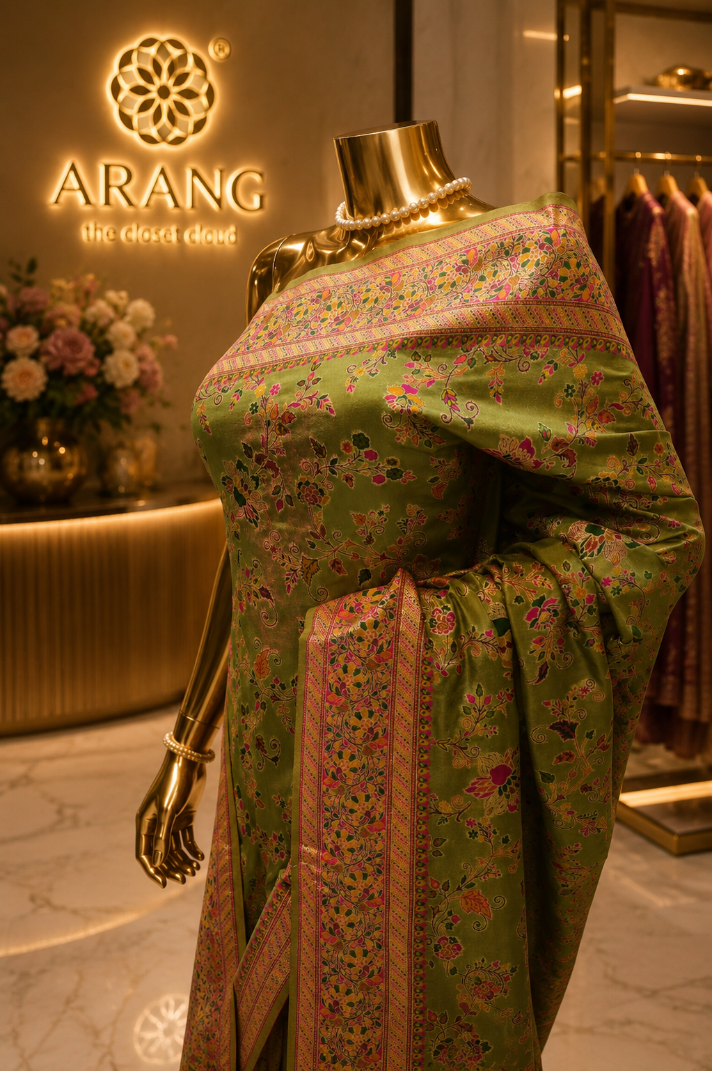 “The Royal Olive Green” Premium Kashmiri Pashmina Silk Saree
