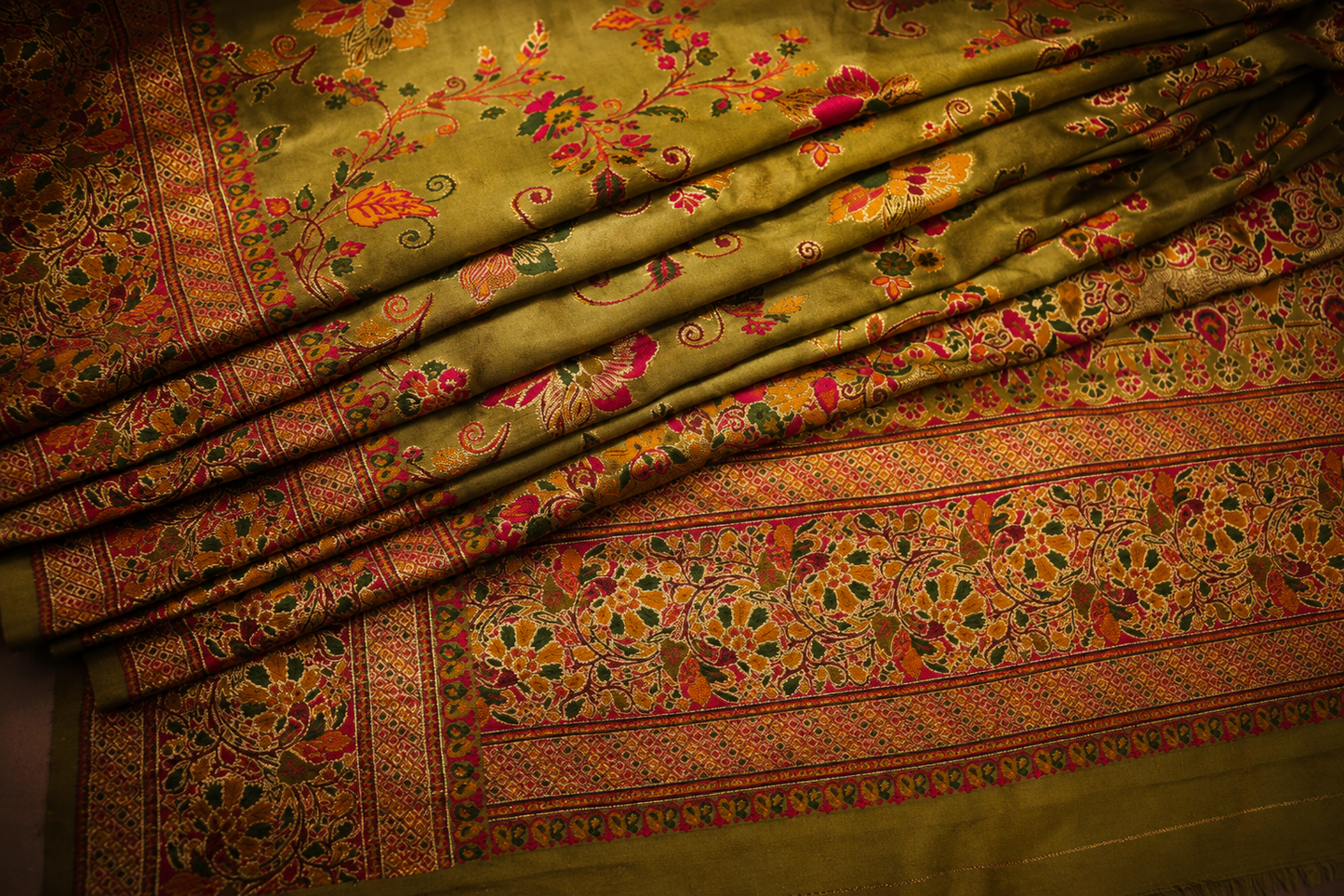 “The Royal Olive Green” Premium Kashmiri Pashmina Silk Saree