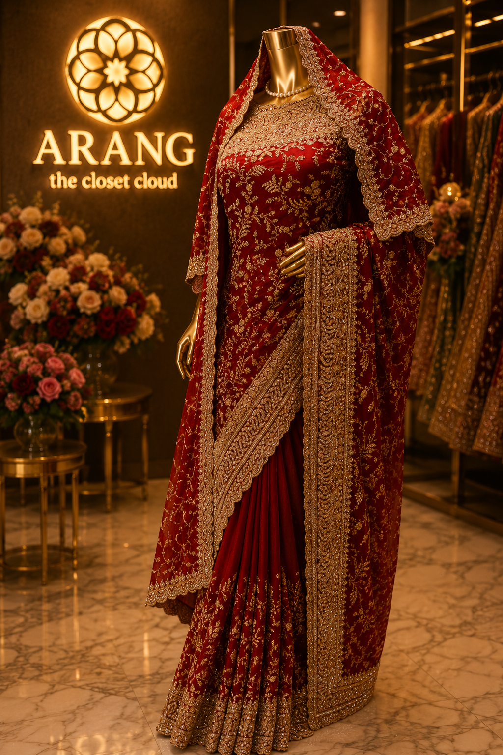 "The Persian Red" Premium Designer Saree with Veil