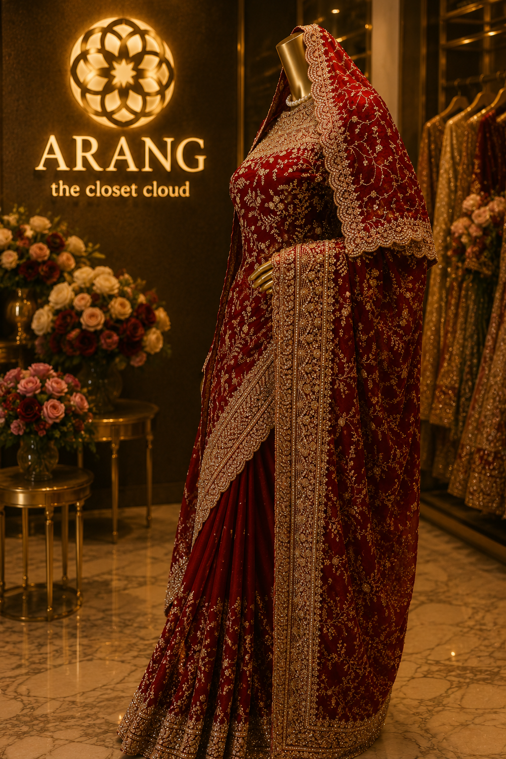 "The Persian Red" Premium Designer Saree with Veil