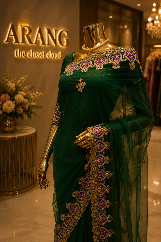 "The Midnight Green" Premium Handwork Saree on Net