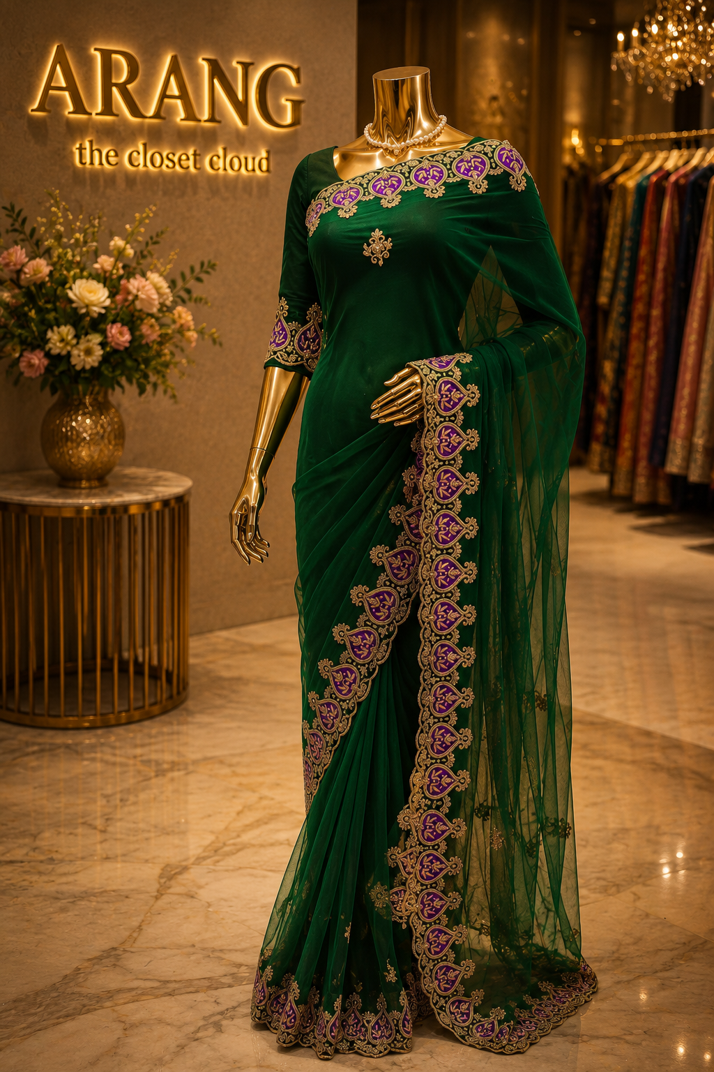 "The Midnight Green" Premium Handwork Saree on Net