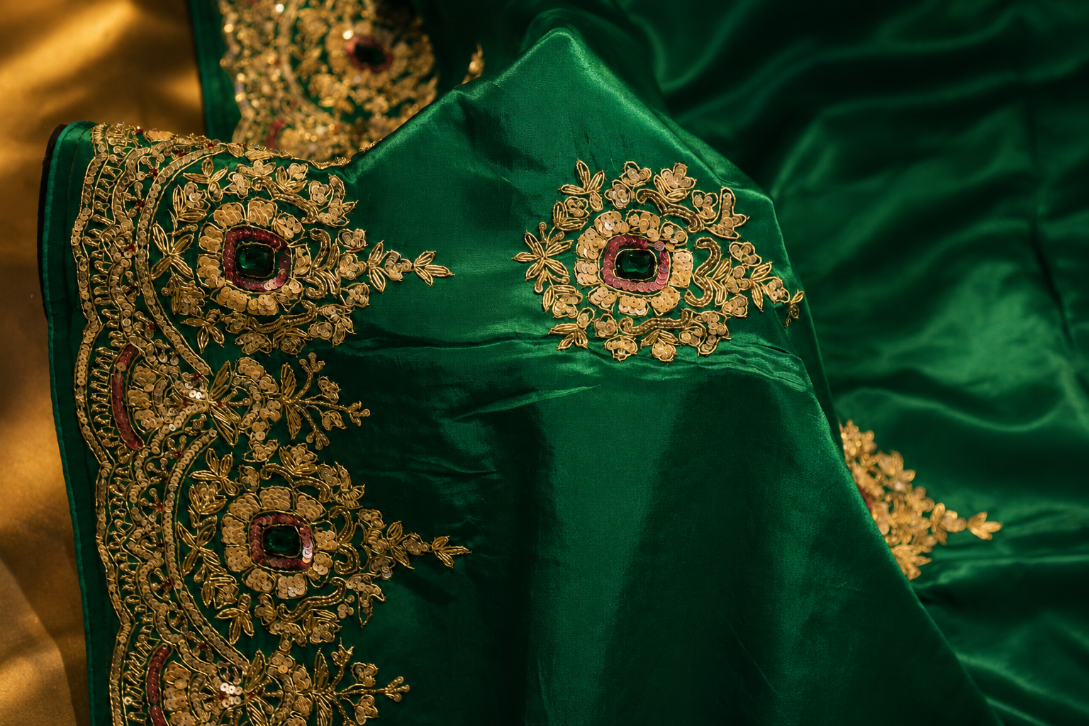 A close-up of a rich emerald green fabric, likely a saree or traditional garment, featuring intricate gold floral embroidery and small red and green stone accents along the border.